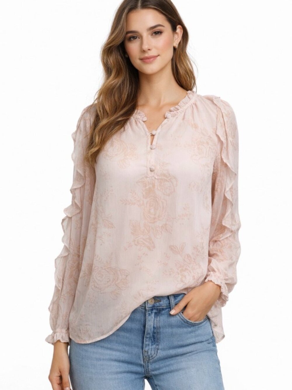 Lauren Conrad Pink Blouse with Rose Gold Floral Accents Size M